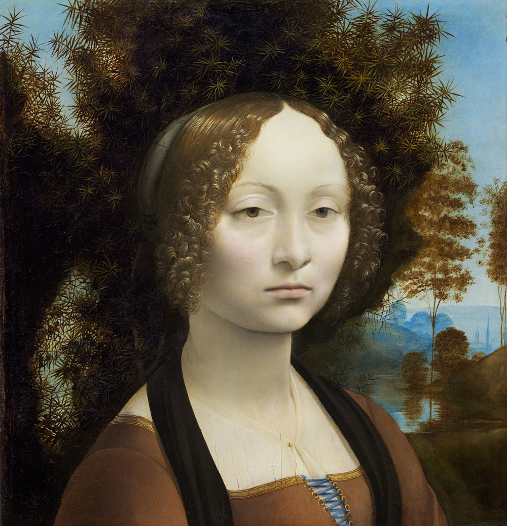 Leonardo da Vinci, "Genevra de’ Benci," ca. 1474-1478, 15x15." Image courtesy National Gallery of Art, Washington, D.C.  Included under the fair use exemption. 