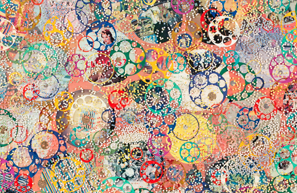 Nobu Fukui, detail, "Gone," 2013, beads and mixed media on canvas over panel, 34x96."